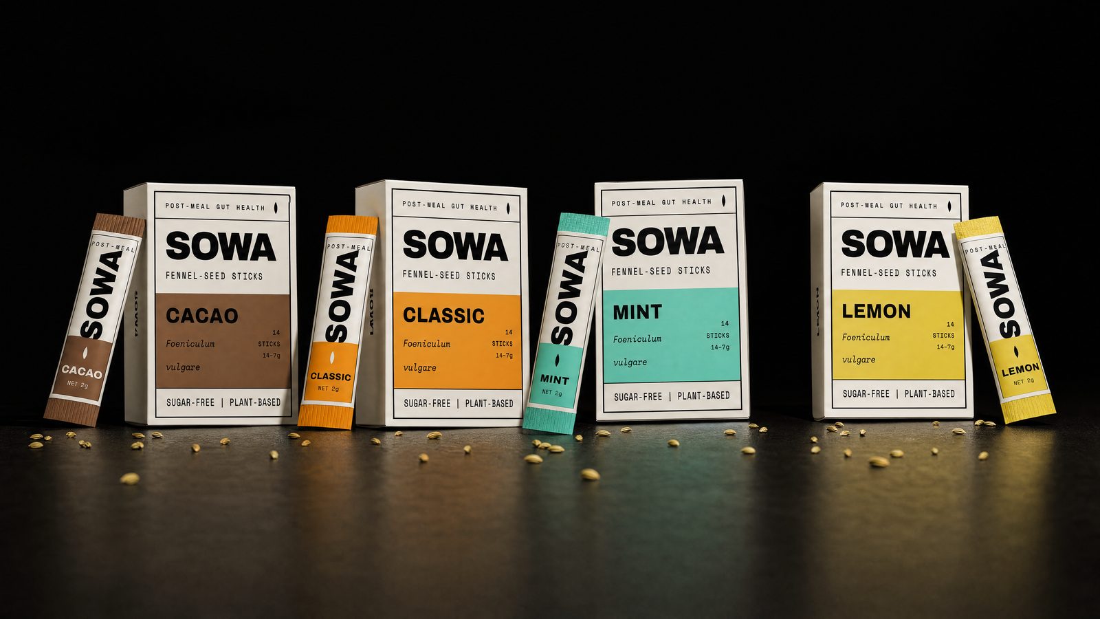 The four SOWA flavors — Classic, Mint, Lemon and Cacao — fennel-seed stick boxes.